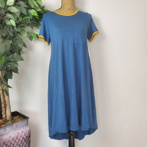 NEW Lularoe Carly Size Small Womens Blue Casual Dress with Yellow Trim * - Picture 1 of 8